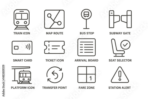 Public transportation icons illustrating train, map, bus, subway, and ticket features