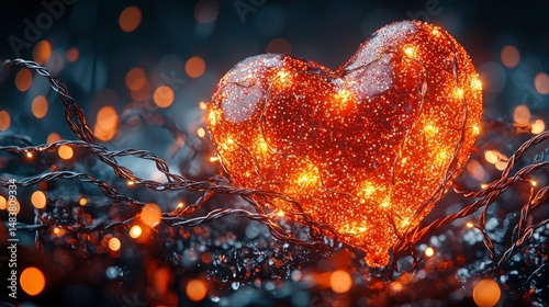 Glowing heart amongst intertwined wiry textures