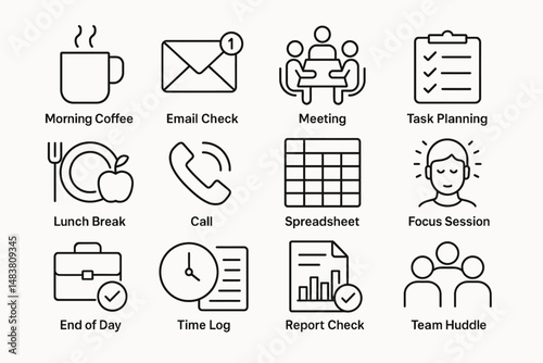 Office icons: coffee, email, meeting, task planning, lunch, call, spreadsheet, focus, briefcase, time, report, team