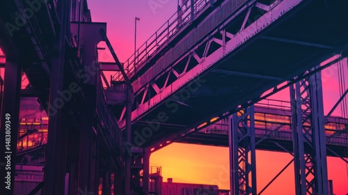 Vibrant Sunset Hues Over Industrial Bridges