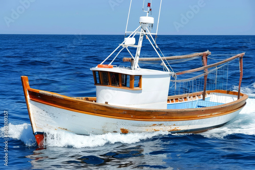 Fishing on a boat in the sunny sea with calm weather
