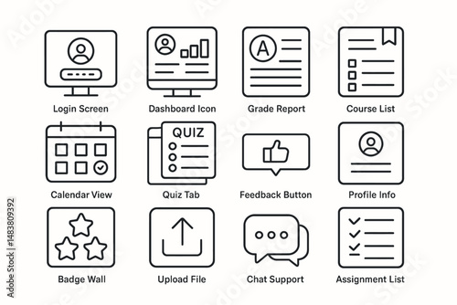 User interface elements for educational platforms: icons for login, dashboard, grades, and more