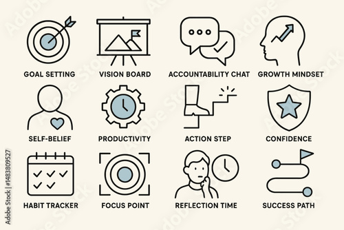 Icons representing goal setting, vision boards, and personal growth concepts