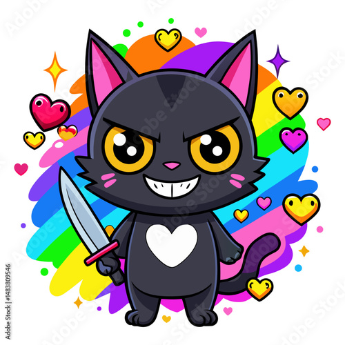A vibrant and aggressive cartoon black cat with a pink heart on its chest, holding a sharp knife, surrounded by colorful abstract shapes, hearts, and stars in a comic book style.