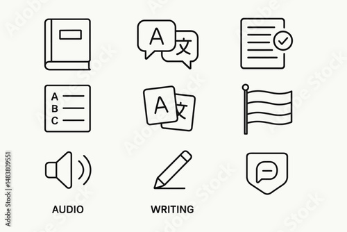 Language learning icons: book, speech bubbles, audio, writing tools, checklist, flag
