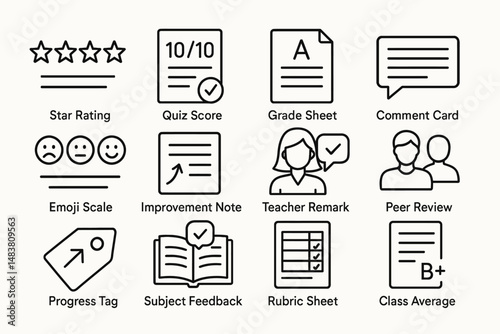 Educational icons: star rating, quiz score, grade sheet, teacher remarks, peer review