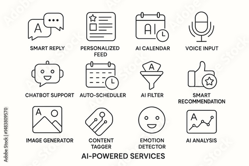 Ai-powered services icons featuring smart tools and automation features