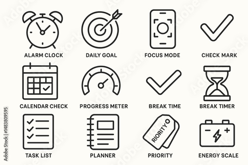 Icons depicting time management tools and productivity symbols