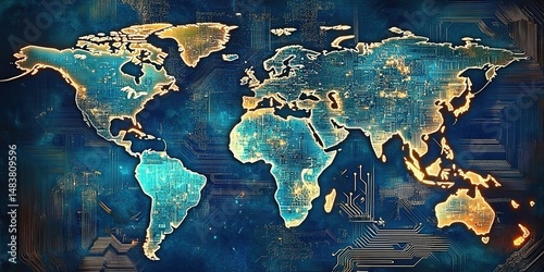 Digital World Map with Circuit Board Design