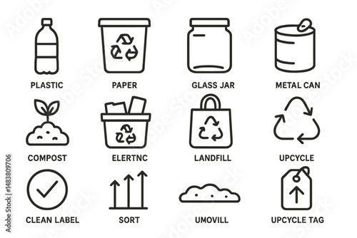 Recycling icons: plastic, paper, glass, metal, compost, landfill, upcycle symbols