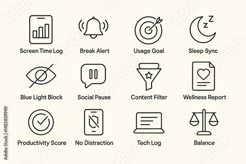 Digital wellness icons: screen log, alert, goals, sync, filter, report