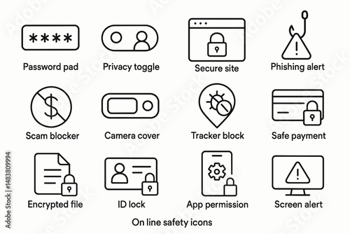 Online safety icons: secure site, privacy toggle, scam blocker, safe payment features