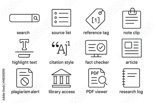 Educational research icons: search, citation, and document management tools