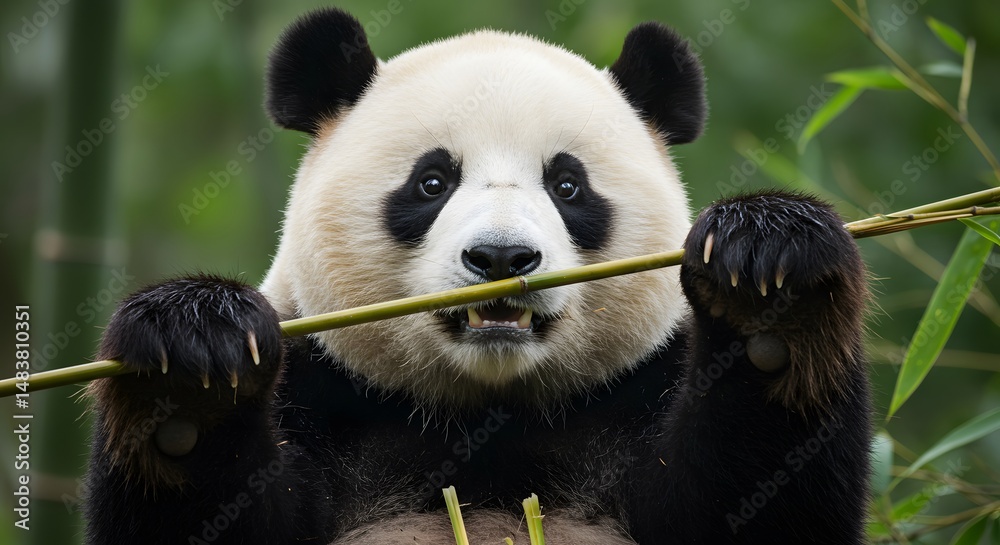 Fototapeta premium Giant Panda Eating Bamboo Portrait