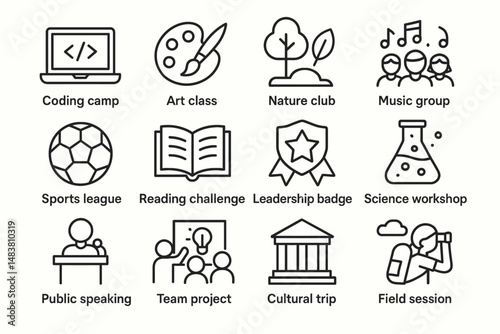 Educational activities icons featuring coding, art, nature, and more