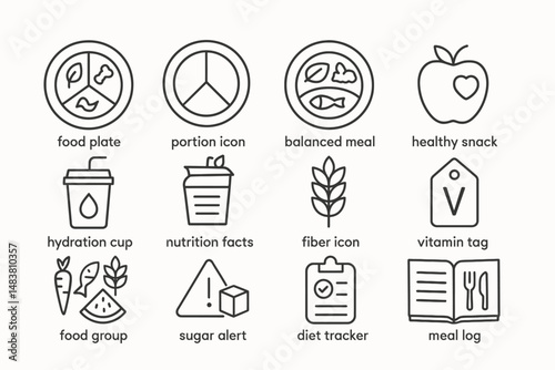 Food and nutrition icons: healthy eating, hydration, food plate, vitamin tag, balanced meal