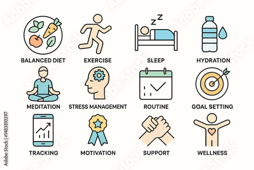 Icons illustrating health and wellness practices for balanced life
