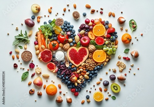 Heart-Shaped Arrangement of Fruits, Vegetables, and Nuts