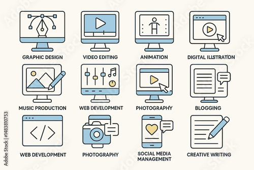 Icons representing creative and digital professions in modern media