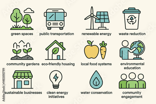 Sustainable urban initiatives and eco-friendly community development icons