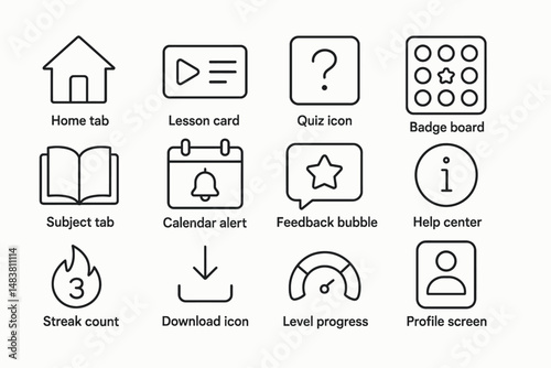 Educational app icons: home, lesson, quiz, badge, subject, calendar, feedback, help, streak, download, level, profile