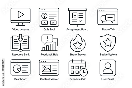 Educational interface icons set for online learning and course management systems