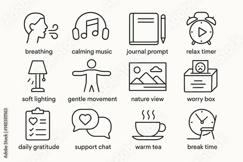 Icons illustrating relaxation and mindfulness practices for stress relief
