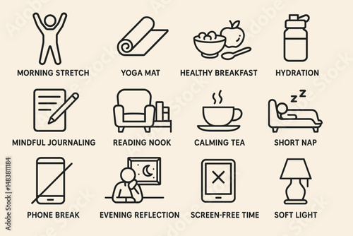 Daily wellness routine icons: stretching, nutrition, relaxation, and mindfulness