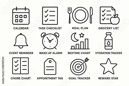 Productivity icons: calendars, checklists, meal plans, reminders, and trackers