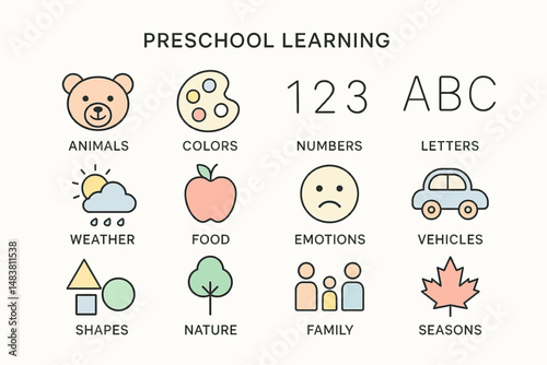 Preschool learning icons: animals, colors, numbers, and more for early education