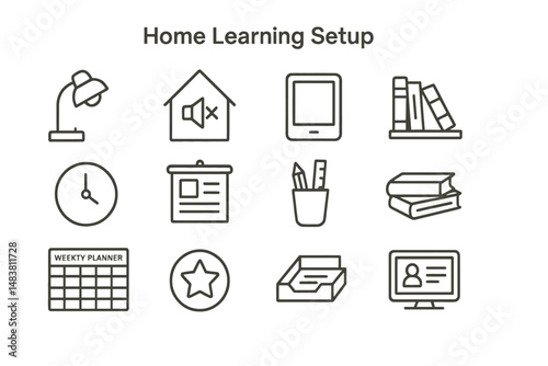 Home learning setup icons: lamp, books, planner, tablet, clock, supplies