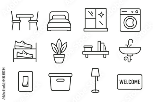 Minimalist home icons set: furniture, appliances, decor, storage, organization, utilities