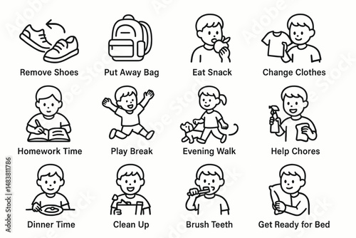 Child's daily routine cartoon icons - activities and chores