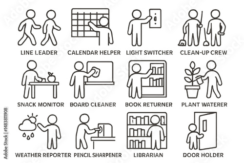Classroom jobs icons displaying various helper roles for students