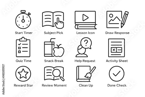 Educational icons set: timer, quiz, lesson, activity, help, review, draw, snack, clean