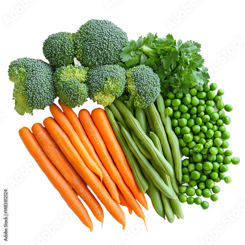 fresh broccoli, french beans, carrot, and peas isolated on white
