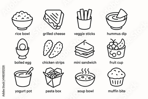 Collection of simple line drawings of popular snack and meal icons