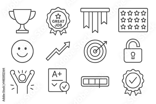 Achievement icons set: trophy, badge, arrow, target, lock, smiley, ribbon, stars