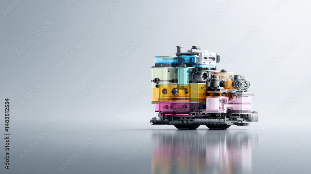 Fototapeta premium Modern robotic device in vibrant colors reflecting on a smooth surface.