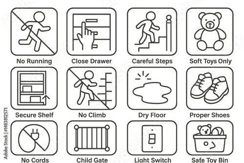 Safety guidelines icons: no running, child safety, proper shoes, secure shelf, soft toys