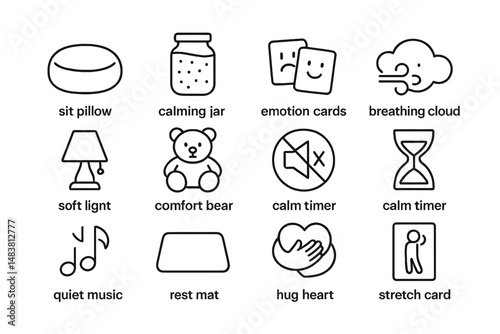 Mindfulness tools: sit pillow, calming jar, emotion cards, breathing cloud