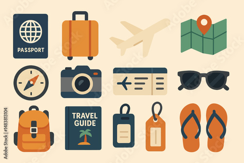 Travel essentials: passport, luggage, airplane, map, compass, camera, sunglasses, travel guide