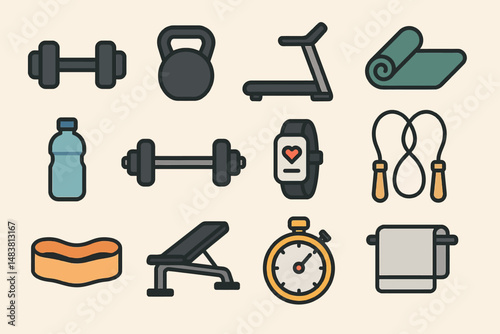 Fitness icons: dumbbell, kettlebell, treadmill, yoga mat, jump rope, stopwatch