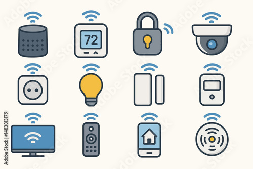 Smart home devices: speaker, thermostat, lock, camera, outlet, bulb, door sensor, tv, remote, smartphone, detector