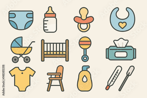 Colorful baby essentials icons: diaper, bottle, pacifier, stroller, crib, rattle