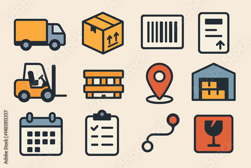 Logistics and shipping icons: transportation, packaging, warehouse, and route planning