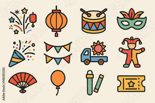 Colorful festival icons: lantern, mask, confetti, balloon, fan, drum, jester, ticket