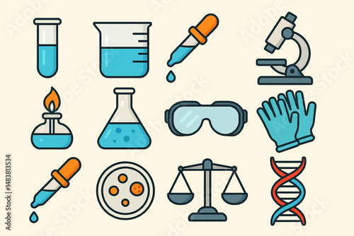 Science lab equipment icons: beaker, microscope, dna, and safety gear set