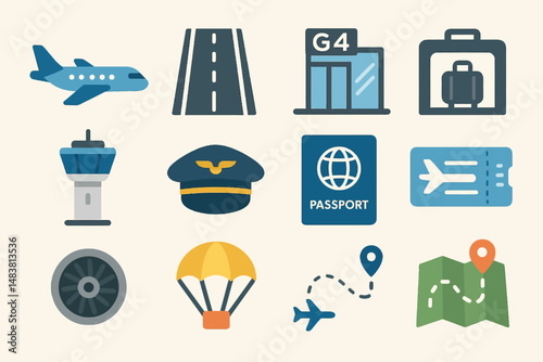 Travel icons: airplane, road, departure gate, luggage, passport, ticket, parachute, map