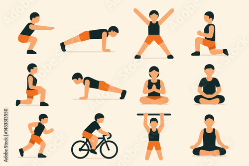 Cartoon characters performing various exercise routines and yoga poses